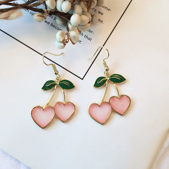 Style Fresh Cherry Love Earrings Sweet Girl's Heart Drop Oil Cherry Long Earrings Simple Decoration