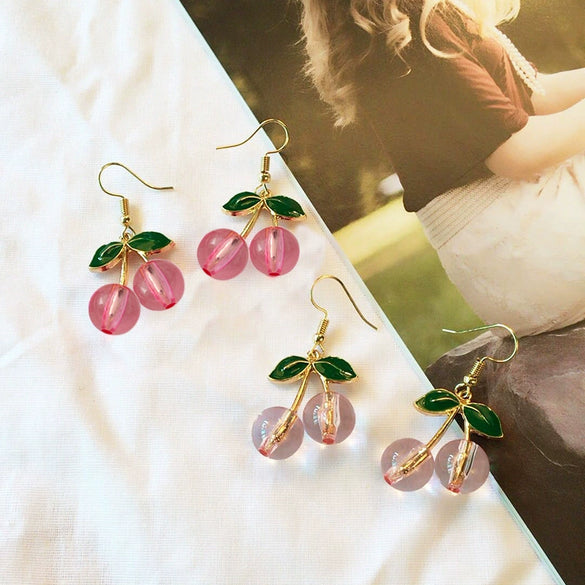 Style Fresh Cherry Love Earrings Sweet Girl's Heart Drop Oil Cherry Long Earrings Simple Decoration