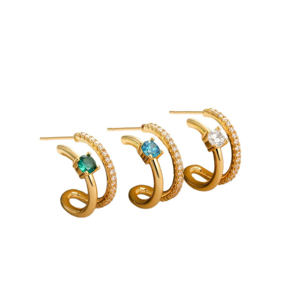 Stylish Electroplated Copper Geometric Double Circle Zircon Gold Hoop Earrings For Women