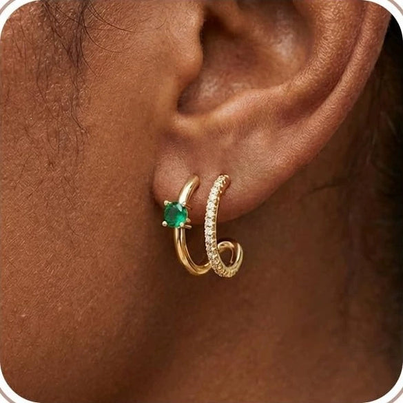 Stylish Electroplated Copper Geometric Double Circle Zircon Gold Hoop Earrings For Women