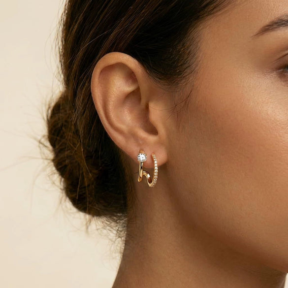 Stylish Electroplated Copper Geometric Double Circle Zircon Gold Hoop Earrings For Women
