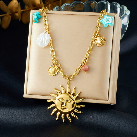 Stylish Minimalist Tropical Fish Star Sunflower Pendant Goldplated Stainless Steel Necklace