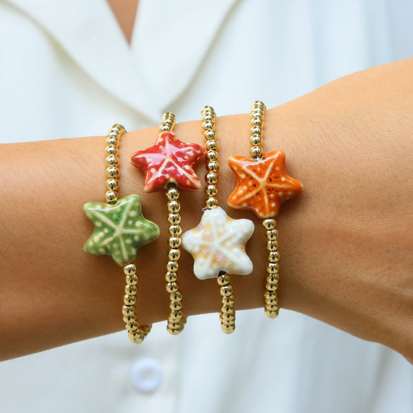 Summer Beach Style Ceramic Glazed Copper Bead Bracelet With Starfish And Animal Zodiac Pattern Electroplated
