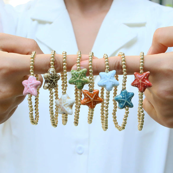 Summer Beach Style Ceramic Glazed Copper Bead Bracelet With Starfish And Animal Zodiac Pattern Electroplated