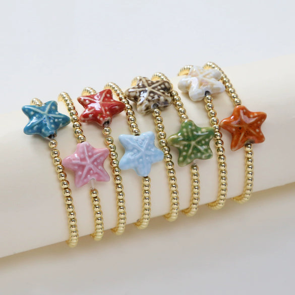 Summer Beach Style Ceramic Glazed Copper Bead Bracelet With Starfish And Animal Zodiac Pattern Electroplated