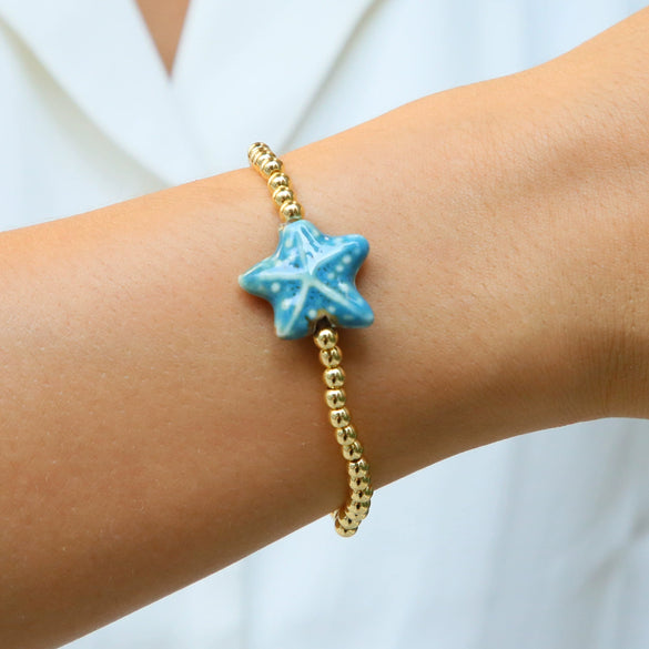 Summer Beach Style Ceramic Glazed Copper Bead Bracelet With Starfish And Animal Zodiac Pattern Electroplated