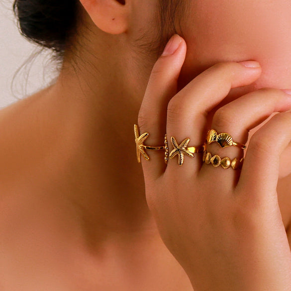 Summer Beach Vacation Starfishshaped Shell Ring Jewelry Stainless Steel Geometric Style 18K Furnace Vacuum Plated Unisex