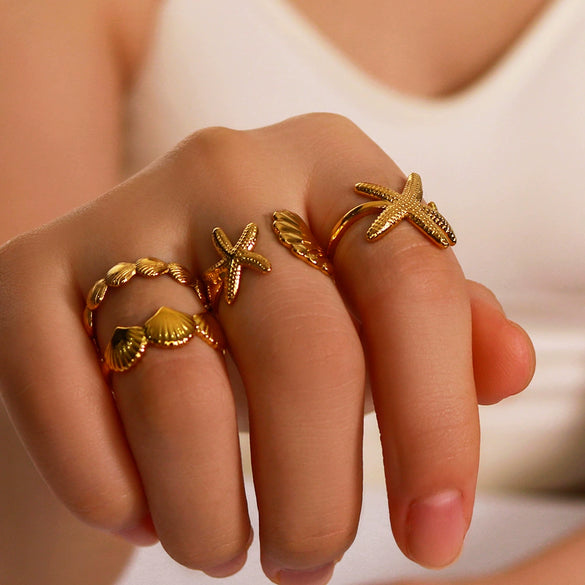 Summer Beach Vacation Starfishshaped Shell Ring Jewelry Stainless Steel Geometric Style 18K Furnace Vacuum Plated Unisex