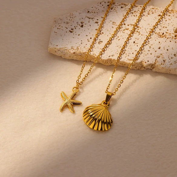Summer Beach Wind Stainless Steel Starfish Pendant Necklace With Cross Chain Electroplating Treatment