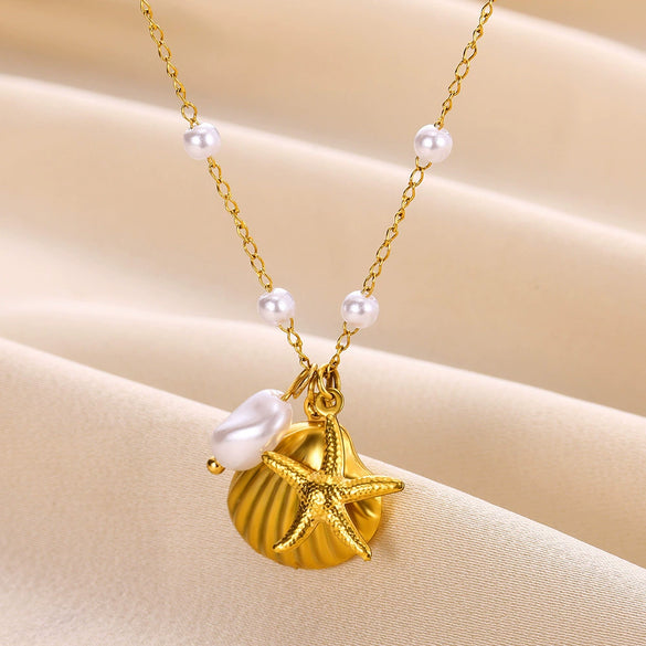Summer Beach Wind Stainless Steel Starfish Pendant Necklace With Cross Chain Electroplating Treatment