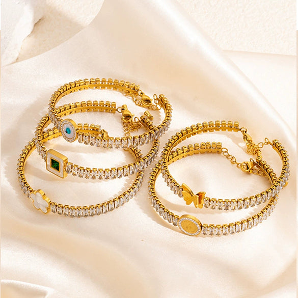 Summer Fashion Tennis Chain Square Flower Zircon Bracelet Stainless Steel Jewelry Electroplating Treatment