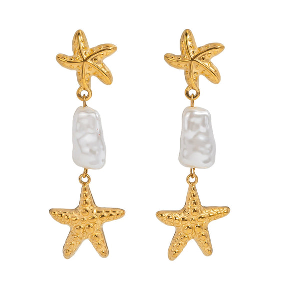 Summer Fresh Starfish Pearl Earrings For Women Stainless Steel With Pvd Furnace Vacuum Real Gold Plating