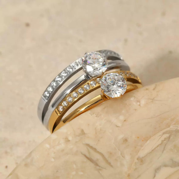 Summer New Stainless Steel Cnc Dense Diamond Ring With Geometric Design Electroplated Simple And Fashionable For Women