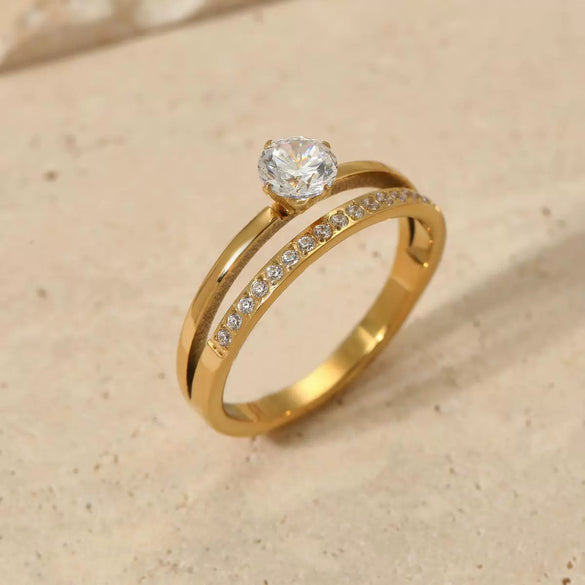 Summer New Stainless Steel Cnc Dense Diamond Ring With Geometric Design Electroplated Simple And Fashionable For Women