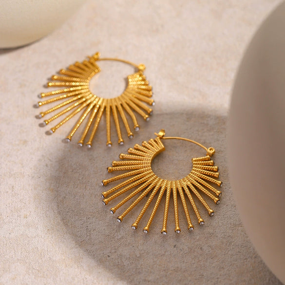 Summer New Stainless Steel Earrings With Diamond For Women Exaggerated Fanshaped Electroplated