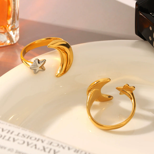 Summer New Star Moon Geometric Ring Titanium Steel Non Fading Electroplated Women's Fashion Ring