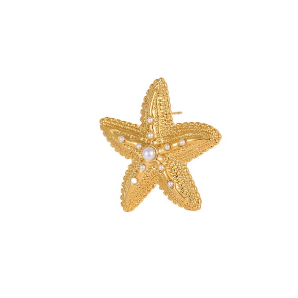 Summer Ocean Resort Style Stainless Steel Earrings With Starfish Texture Inlaid With Zircon Pearl And Star Shape Electroplated Design For Women