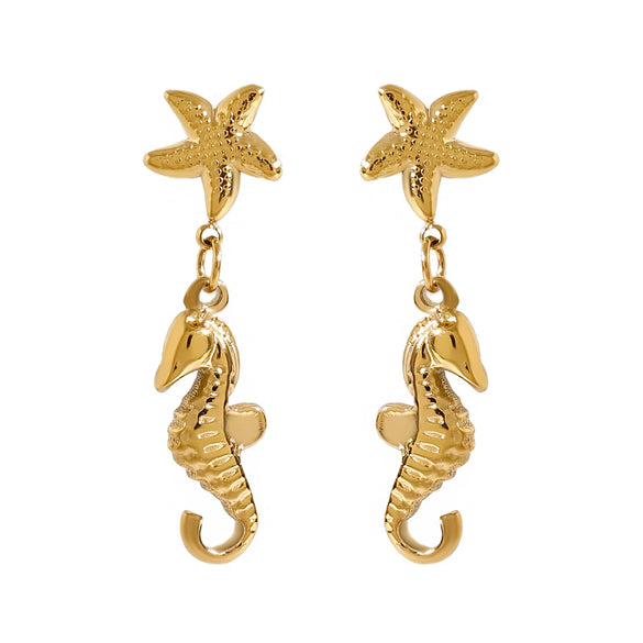 Summer Ocean Style Starfish Seahorse Pendant Earrings Stainless Steel 18K Electroplating Geometric