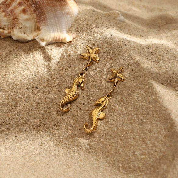 Summer Ocean Style Starfish Seahorse Pendant Earrings Stainless Steel 18K Electroplating Geometric