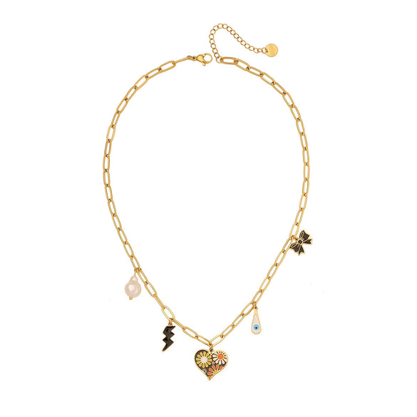 Summer Pastoral Style Love Heart Pendant Stainless Steel Necklace With Dripping Oil Treatment