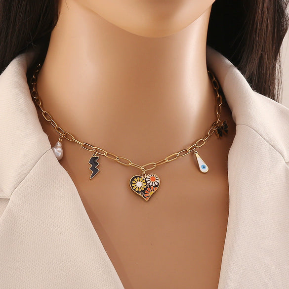 Summer Pastoral Style Love Heart Pendant Stainless Steel Necklace With Dripping Oil Treatment