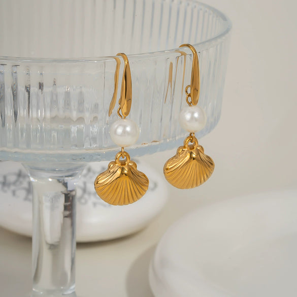 Summer Pearl Shell Pendant Earrings Light Luxury Fashion Ocean Elements High End Stainless Steel Earrings