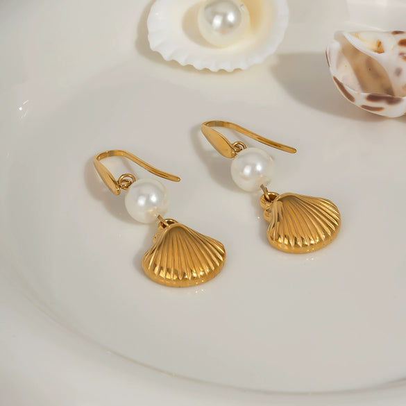 Summer Pearl Shell Pendant Earrings Light Luxury Fashion Ocean Elements High End Stainless Steel Earrings