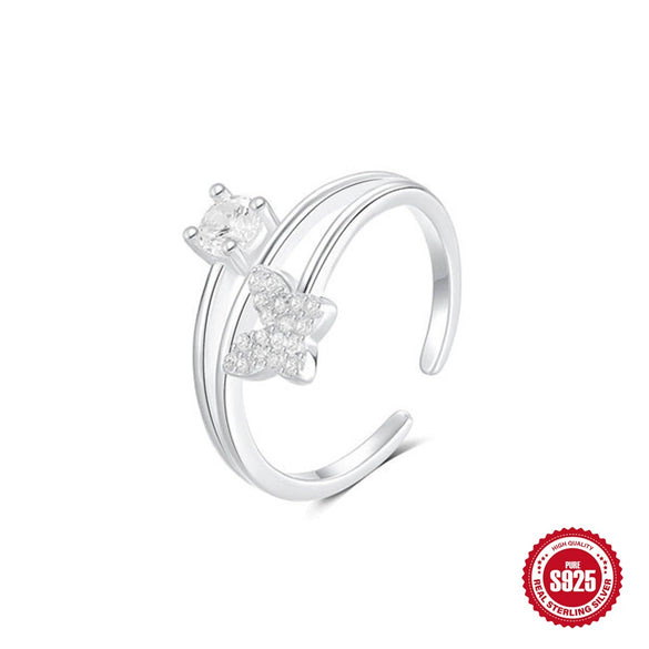 Summer S925 Sterling Silver Double Layer Butterfly Open Dropshaped Zircon Fashion Ring For Women