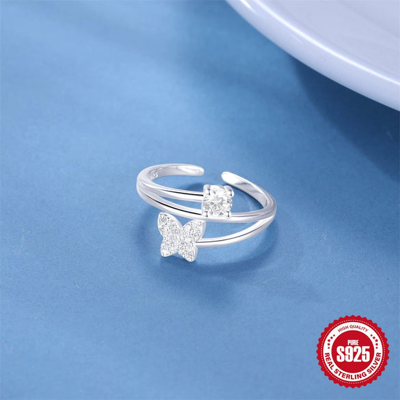Summer S925 Sterling Silver Double Layer Butterfly Open Dropshaped Zircon Fashion Ring For Women