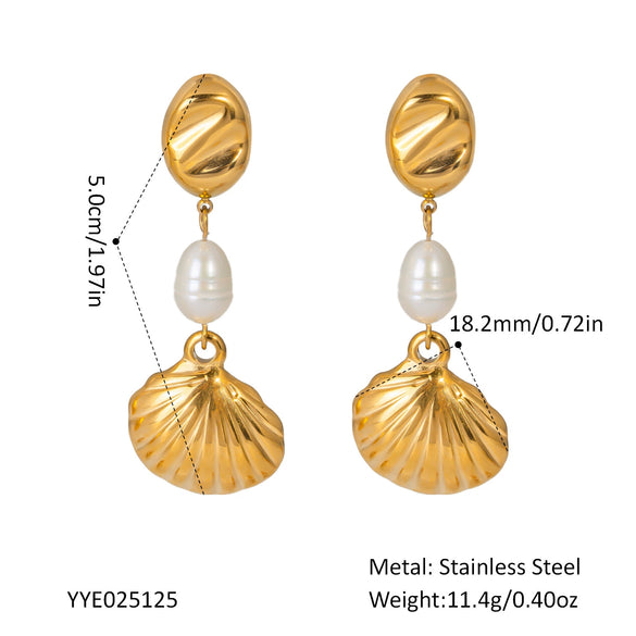 Summer Shell Pearl Earrings For Women Stainless Steel Casual Minimalist Style With Pvd Furnace Vacuum Real Gold Plating