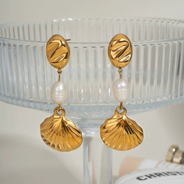 Summer Shell Pearl Earrings For Women Stainless Steel Casual Minimalist Style With Pvd Furnace Vacuum Real Gold Plating