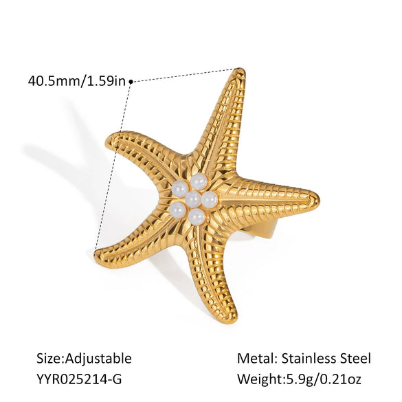 Summer Starfish Pearl Ring For Women Fashionable Exaggerated Niche Design Stainless Steel Jewelry With Pvd Furnace Vacuum Real Gold Plating