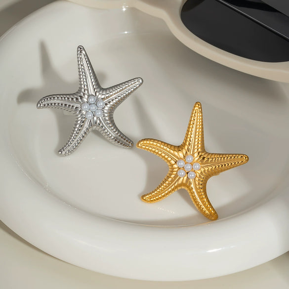 Summer Starfish Pearl Ring For Women Fashionable Exaggerated Niche Design Stainless Steel Jewelry With Pvd Furnace Vacuum Real Gold Plating