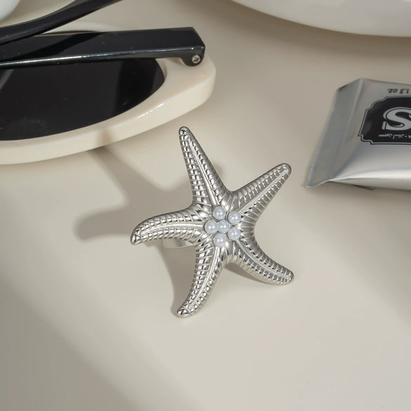 Summer Starfish Pearl Ring For Women Fashionable Exaggerated Niche Design Stainless Steel Jewelry With Pvd Furnace Vacuum Real Gold Plating