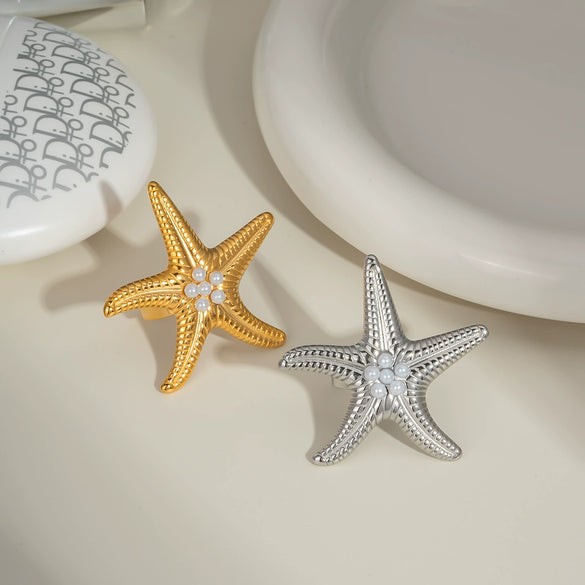 Summer Starfish Pearl Ring For Women Fashionable Exaggerated Niche Design Stainless Steel Jewelry With Pvd Furnace Vacuum Real Gold Plating