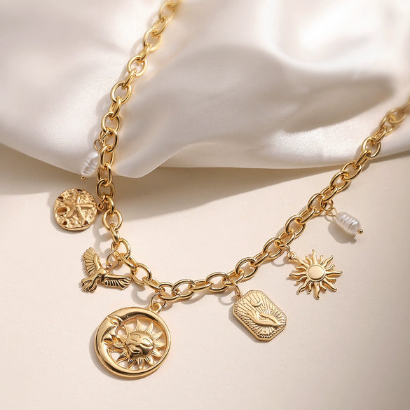 Sun Moon Pendant Necklace Stainless Steel Retro 18K Gold Plated Geometric Style