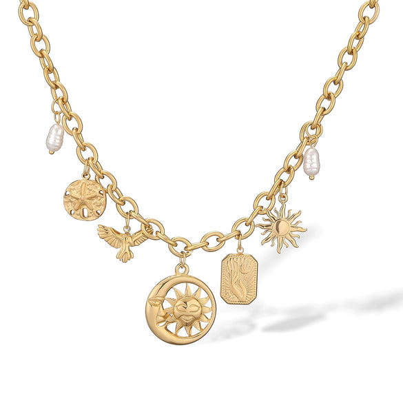 Sun Moon Pendant Necklace Stainless Steel Retro 18K Gold Plated Geometric Style