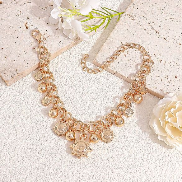 Sun Motif Geometric Zinc Alloy Chain Bracelet Unisex Fashion Jewelry With Flexible Chain Design