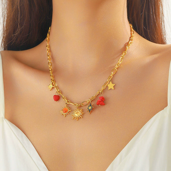Sunflower Cat's Eye Awn Star Necklace Titanium Steel And Stainless Steel Star Shaped Electroplated Clavicle Chain For Women