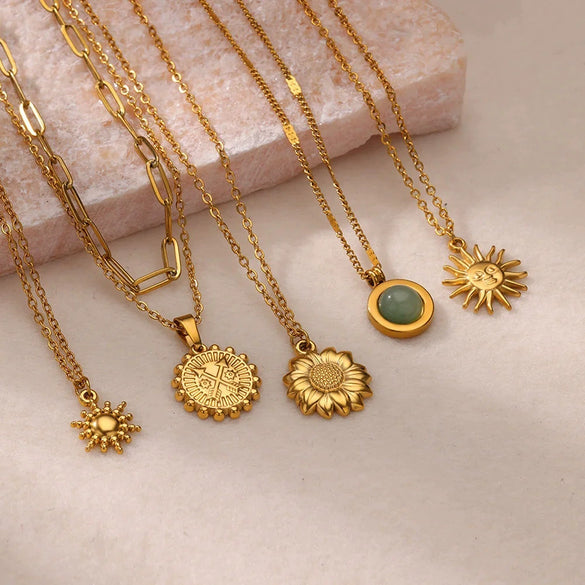 Sunflower Stainless Steel Geometric Round Unisex Necklace With Electroplating