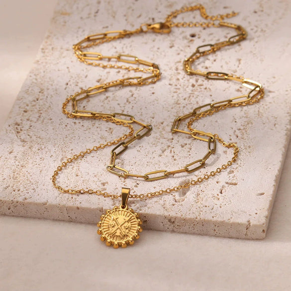 Sunflower Stainless Steel Geometric Round Unisex Necklace With Electroplating