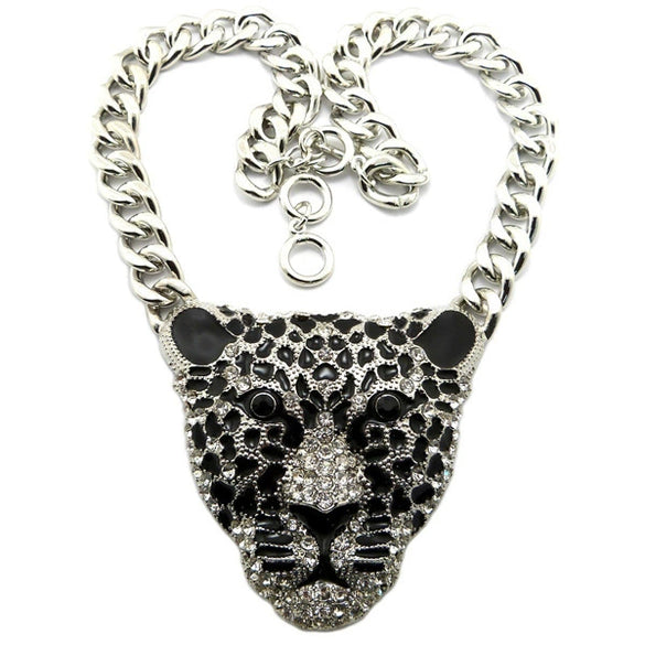 Sweater Chain Accessories Alloy Bone Chain With Leopard Head Animal Pattern Knitted Necklace For Halloween Hiphop Style