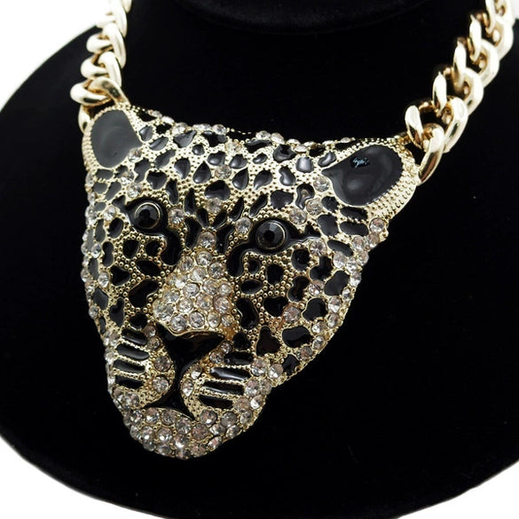 Sweater Chain Accessories Alloy Bone Chain With Leopard Head Animal Pattern Knitted Necklace For Halloween Hiphop Style
