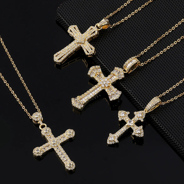 Sweater Chain Exaggerated Design Zircon Cross Copper Ochain Hiphop Style Electroplating