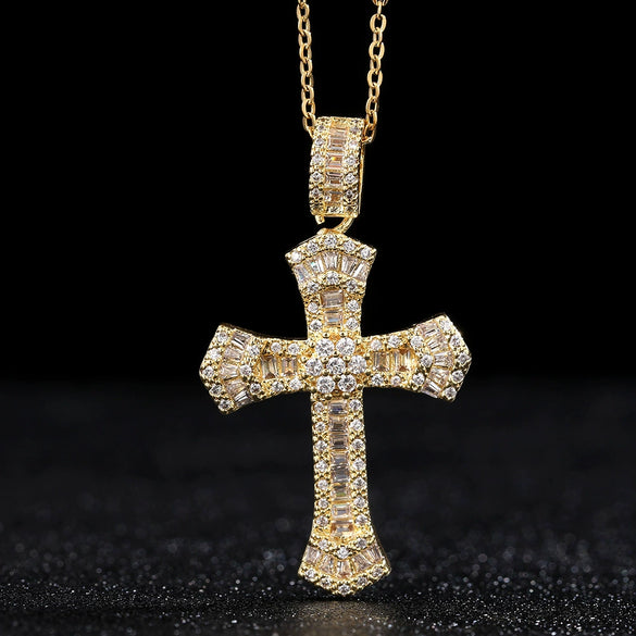 Sweater Chain Exaggerated Design Zircon Cross Copper Ochain Hiphop Style Electroplating