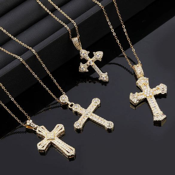 Sweater Chain Exaggerated Design Zircon Cross Copper Ochain Hiphop Style Electroplating