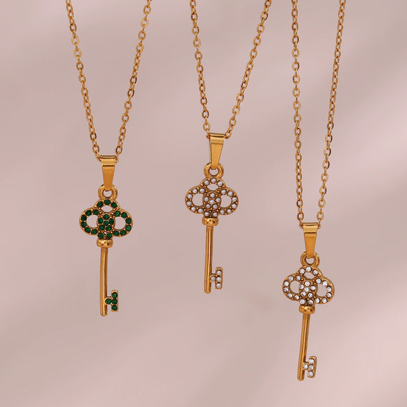 Sweater Chain Jewelry Titanium Steel Micro Inlay Retro Hollow Flower Key Pendant Necklace Stainless Steel Geometric Electroplated
