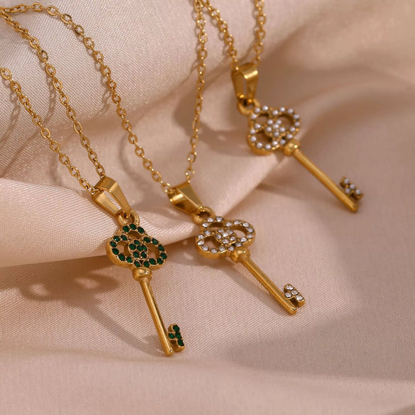 Sweater Chain Jewelry Titanium Steel Micro Inlay Retro Hollow Flower Key Pendant Necklace Stainless Steel Geometric Electroplated