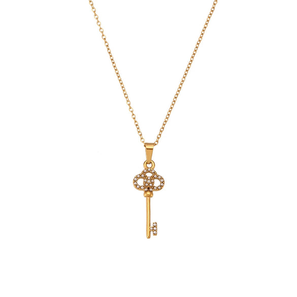 Sweater Chain Jewelry Titanium Steel Micro Inlay Retro Hollow Flower Key Pendant Necklace Stainless Steel Geometric Electroplated