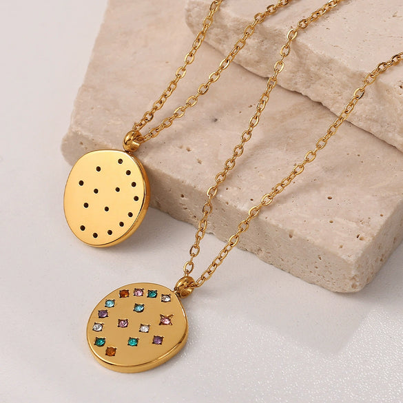 Sweater Chain Pendant Necklace Women Fashion Simple Temperament Crystal Zircon Round 316L Stainless Steel Electroplating